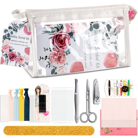 132 Pieces Wedding Survival Kit Wedding Day Bridal Emergency Kit Bridal Party Proposal Gifts Mini Emergency Kit for Women with Makeup Bags Floral Wedding Bride Emergency Supplies