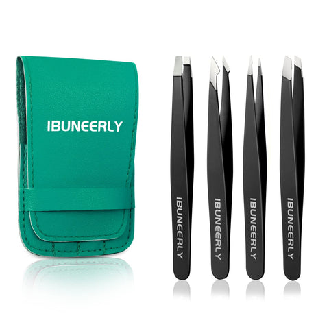 Tweezers Set, 4Pcs Tweezers for Women with Travel Leather Case, Professional Stainless Steel Eyebrows Tweezers, Great Precision Tweezers for Ingrown Hair, Facial Hair, Splinter Removal(Black)