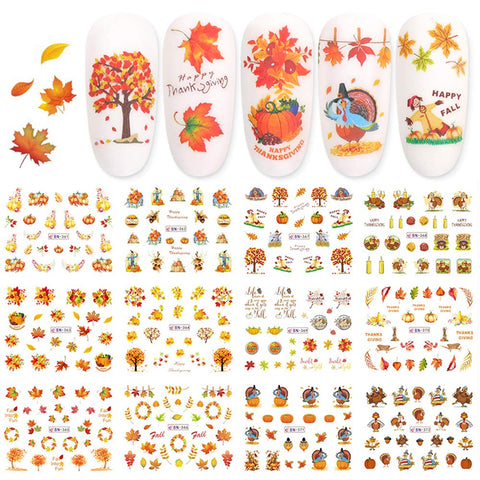 Fall Nail Stickers Autumn Maple Leaf Nail Art Decals Thanksgiving Day Water Decal Transfer Slider Set Turkey Pumpkin Nail Art Foil Stickers Nail Supplies Accessories Decoration Manicure Tips 12 Design