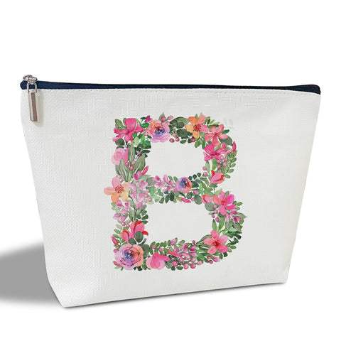 Initial Letter B Gifts for Women Mom Friend Besties Sister, Flower Monogrammed Makeup Bag, Cosmetic Travel Bag with Zipper for Mother's Day Wedding Graduation, Bride Bridesmaid Pouch Toiletry Bag - 02, White