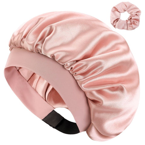 Hat Hut Satin Silk Bonnet for Curly Hair Sleep Cap for Women Sleeping Adjustable Hair Bonnet with Pattern Double Layer, Pink, One Size