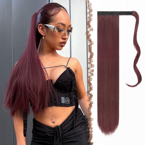 FESHFEN Straight Ponytail Extensions 24 Inch Long Wrap Around Synthetic Hair Piece Clip in Ponytail Hair Extensions Hairpiece for Women Girls 130g