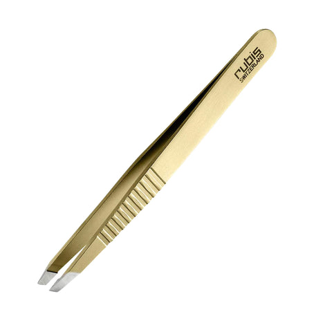 Rubis Classic Stainless Steel Slanted Tweezers with Pro Grip for Precise Eyebrows and Hair Removal, 1K103PGGOLD, Made in Switzerland, Gold, The Gold Collection