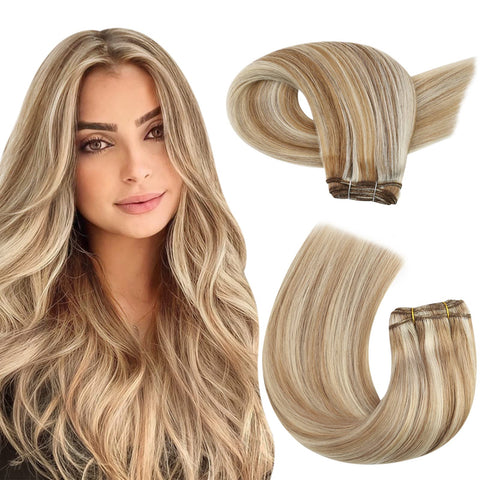 Moresoo 24 Inch Weft Sew in Hair Extensions Human Hair Color #6 Brown Highlighted with #60 Blonde Full Head Human Hair Weaving/Weft Premium Hair Extensions 100g/bundle