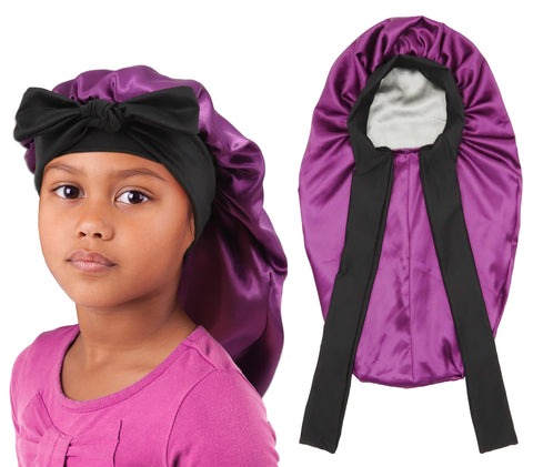 brcok Kids Braid Long Bonnet Girls Satin Bonnet Sleeping Cap Double Layer with tie Band Silk Hair Bonnet for Toddler Child, Kids Long Purple, Medium-Large