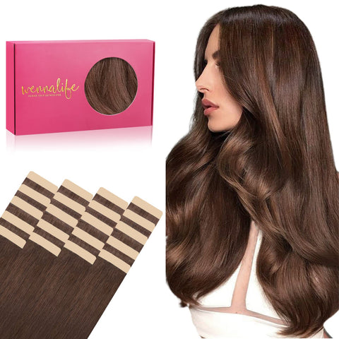 WENNALIFE Tape in Human Hair Extensions, 20pcs 50g Chocolate Brown Remy Hair Extensions 14 inch Silky Straight Human Hair Extensions Skin Weft Tape Hair Extensions