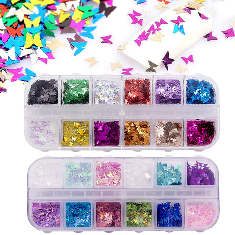 24 Color/Set 3D Butterfly Nail Glitter Sequins, Kalolary Laser Butterfly Nail Sequin Flake Acrylic Manicure Paillettes Face Body Lip Glitters for Hallowwen/Christmas Nail Art Decoration Makeup