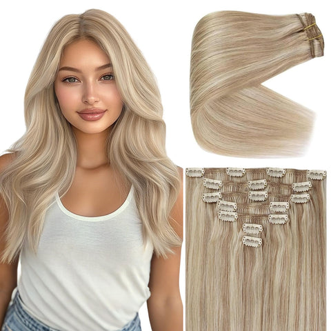 VeSunny Blonde Clip in Hair Extensions Human Hair Color #18 Ash Blonde light #613 Bleach Blonde Remy Thick Human Hair Blonde Clip in Extensions 14inch 7Pcs/120G