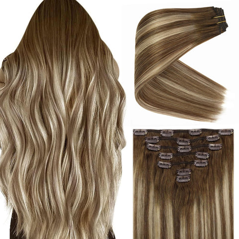 ?Hot ?VeSunny 20inch Human Hair Clip in Hair Extensions Ombre Balayage Color #8 Light Brown Fading to #22 Blonde Mix #8 Brown Remy Clip in Extensions Thick Ends Grade 7A 7Pcs/120G