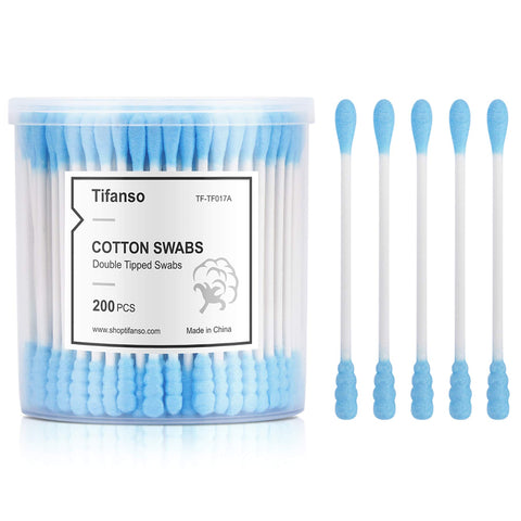 Cotton Swabs, Tifanso 200 Count Natural Double Tipped Cotton Bubs, Cruelty-Free Cotton Swabs, Chlorine-Free Hypoallergenic (Blue)