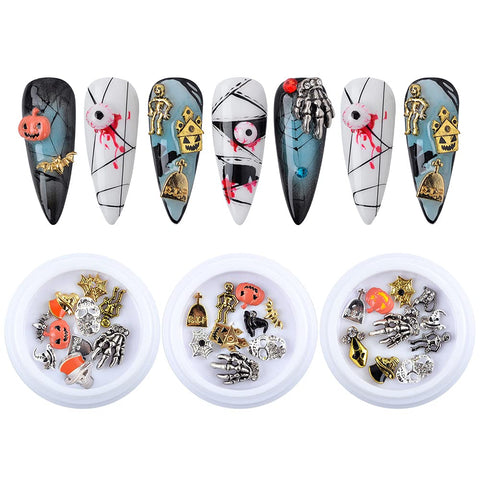QIMYAR Nail Charms Halloween For Acrylic Nails 3D Nail Art Charms Nail Decoration Manicure Kit Mixed Skull Pumpkin Skeleton Hands Bat Witch Spider Web Castle Design 3 Boxes