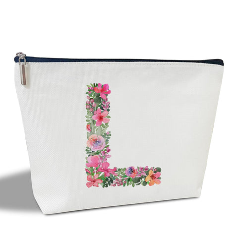 Initial Letter L Gifts for Women Mom Friend Besties Sister, Flower Monogrammed Makeup Bag, Cosmetic Travel Bag with Zipper for Mother's Day Wedding Graduation, Bride Bridesmaid Pouch Toiletry Bag - 12, White