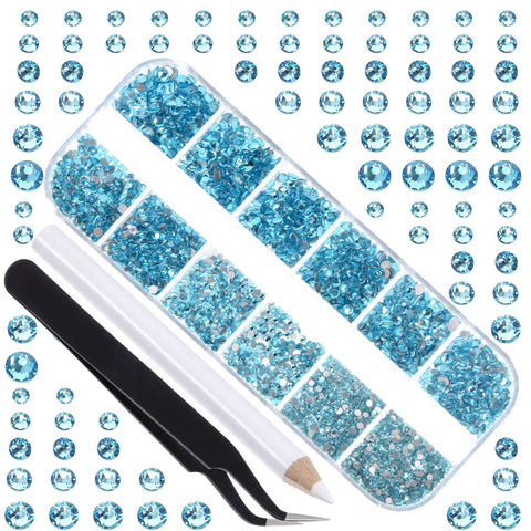 LPBeads 3456 Pieces 6 Sizes Aquamarine Flat Back Round Crystal Rhinestones for Crafts Nails Art Face Makeup Clothes DIY with Pick Up Tweezers and Picking Pen