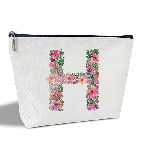 Initial Letter H Gifts for Women Mom Friend Besties Sister, Flower Monogrammed Makeup Bag, Cosmetic Travel Bag with Zipper for Mother's Day Wedding Graduation, Bride Bridesmaid Pouch Toiletry Bag - 08, White