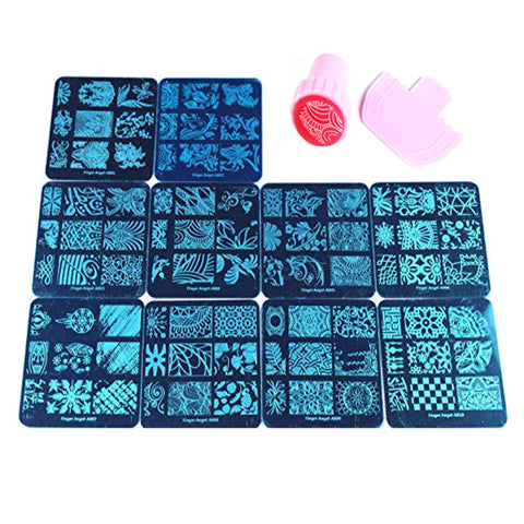 Beauty Leader 10Pcs Nail Plates +1 Pink Round Nail Stamper + 1 Scraper Nail Art Image Stamp Stamping Plates Manicure Template Nail Art Tools
