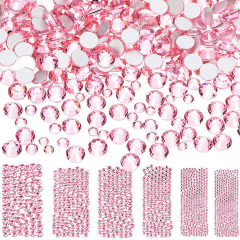 Bememo 3456 Pieces Nail Crystals AB Nail Art Rhinestones Round Beads Flatback Glass Charms Gems Stones, 6 Sizes for Nails Decoration Makeup Clothes Shoes (Pink)