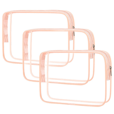 Clear Makeup Bags, APREUTY TSA Approved 3Pcs Cosmetic Makeup Bags Set Clear PVC with Zipper Handle Portable Travel Luggage Pouch Airport Airline Vacation Organization?Pink)