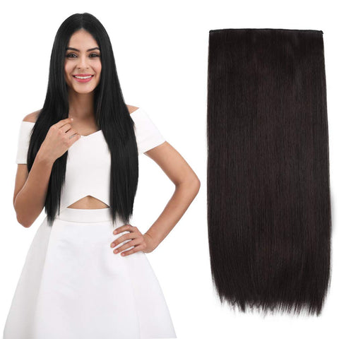REECHO 24" 1-pack 3/4 Full Head Straight Clips in on Synthetic Hair Extensions Hair pieces for Women 5 Clips 5.0 Oz Per Piece - Black Brown
