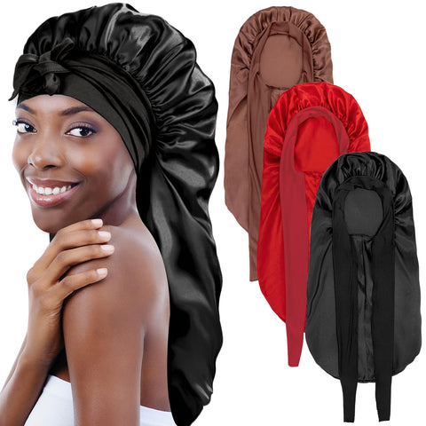 Bonnets for Black Women Braid Bonnet, Large Long Satin Bonnet for Braids Sleeping, Black Women Satin Silk Bonnet, Black & Brown & Red, L