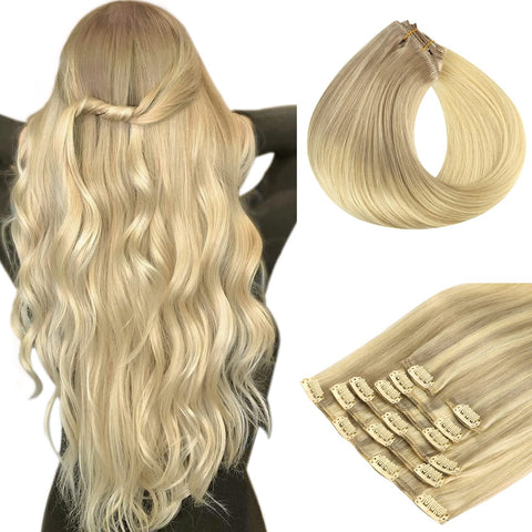 Remy Human Hair Extensions Clip in hotbanana 120g Ombre Ash Brown to Golden Blonde and Platinum Blonde Real Hair Extensions Natural Clip in Hair Extensions Straight Thick Clip Extensions 16 Inch 7pcs