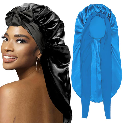 Bonnets for Black Women Braid Bonnet, Large Long Bonnet Satin Bonnet for Braids,Black Women Satin Silk Bonnet with Stretchy Tie Band Braid Bonnet for Sleeping Extra Long (Black & Blue), Black,