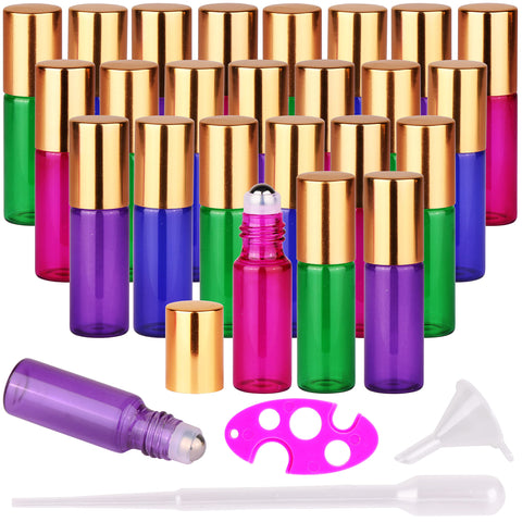 24X 5ml Refillable Glass Perfume Bottle Metal Ball Roller Essential Oil Aromatherapy