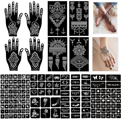 QSTOHENA Pack of 16 Henna Temporary Tattoo Stencil Kit - 145Pcs Glitter Airbrush Tattoo Sticker Indian Arabian Black Henna Tattoo Temp for Women Kids