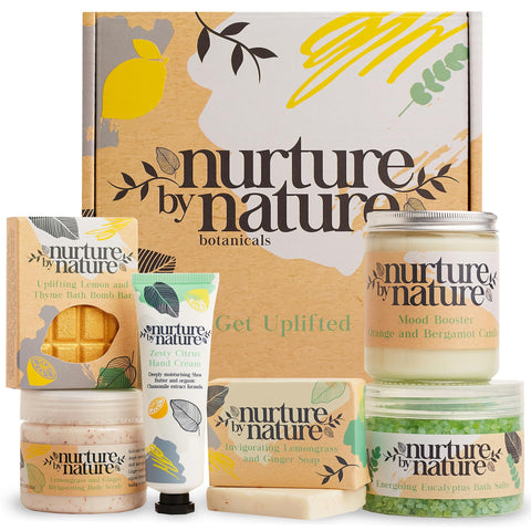 RELAX & RE-ENERGIZE | Energizing Spa Gift Basket by Nurture by Nature Botanicals | Essential Oils, Bath Salts, Orange, Soap, Bath Bombs, Candle & more | Mothers Day Gift | Bath Set