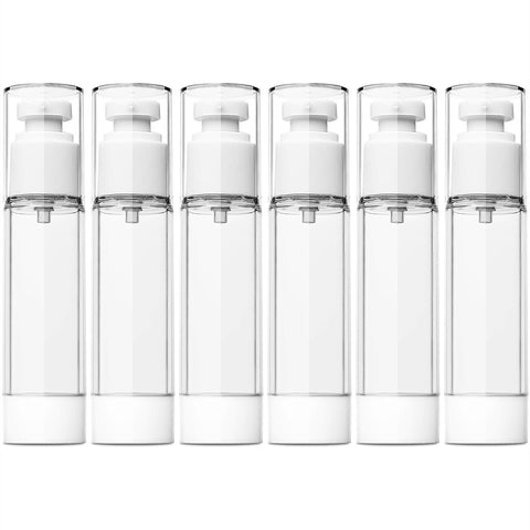 TUZAZO 6 Pack 1.7OZ/50ML Empty Airless Pump Bottles, Plastic Travel Size Refillable Cosmetic Containers, Clear Vacuum Pump Dispenser Travel Bottles with Funnel for Foundation, Creams, Lotions, Shampoo
