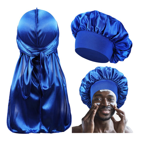 Black Bonnet for Men/Black Women Sleeping Bonnets,Matching Durag and Bonnets Set for Couples,Men Bonnet Wide Band Hair Bonnet, Set C-blue, Medium-Large
