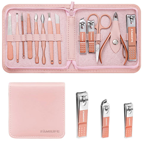 FAMILIFE F06 Manicure Set, 13pcs Pedicure Kit Rose Gold Nail Clipper Set Professional Manicure Kit Grooming Kit Stainless Steel Portable Travel Nail Tools With Pink Leather Case for Women Girl