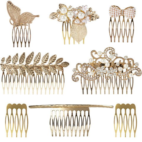 Angla Large Gold Crystal Pearl Rhinestone Metal Hair Side Combs Clip with Teeth Grip for Women's - 8 Pack