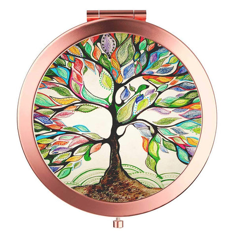 Rose Gold Travel Purse Mirror Compact Double Sides 2x & 1x Magnification Hand Mirror Metal Round Bohemian Mirror for Women and Girls-Life Tree
