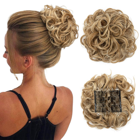 Messy Bun Hair Piece with Combs Clip in Bun Scrunchie Juva Bun Dish Fluffy Wavy Hair Updo Easy Stretch Big Chignon Short Ponytail Hairpiece for Women Light Ash Brown to Bleach Blonde