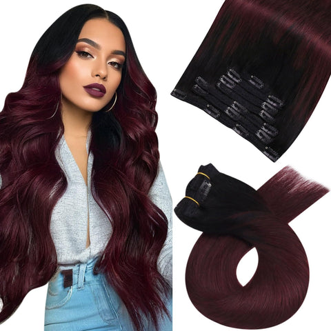 Mosoo Colored Hair Extensions Clip in Balayage Color Off Black #1B to Wine Red #99j Full Head 120 Grams Real Hair Clip in Extensions Clip in Human Hair Extensions Full Head