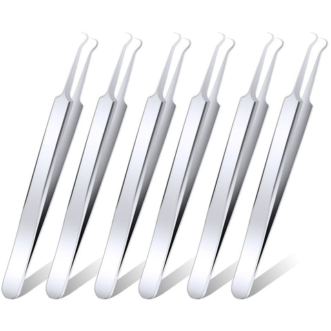 ANCIRS 6 Pack Acne Pimple Blackhead Remover Tweezers, Stainless Steel Acne Tweezers, Curved Pimple Tweezers Extractors Tool for Blackhead Blemish Removal-Silver Color
