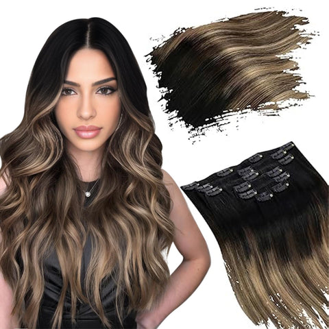 20inch, 1b#4#27: Ugeat 20inch Thick End Full Head Clip in Hair Extensions Black #1B Fading to Color #4 Brown Mixed with #27 No Tangle Hair Extensions Clip in Hair for Girls 10Pcs 140Gram