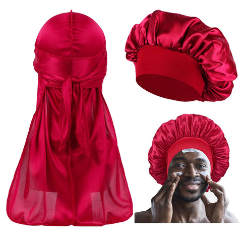 Bonnet for Men for Curly Hair, Men Bonnet for Sleeping, Matching Durag and Bonnets Set for Couples, Bonette for Men Pack B-Wine Red