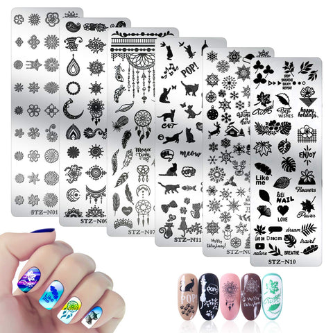 Mwoot 6Pcs Pretty Nail Art Stamping Plate Set Cat Feather Snowflakes Leaves Theme Manicure Print Tool