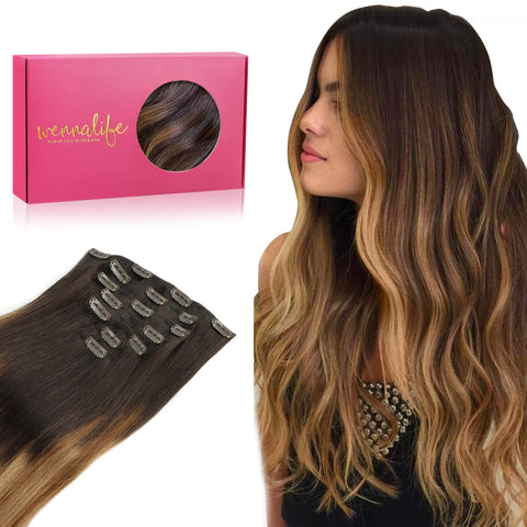 WENNALIFE Clip in Human Hair Extensions, 24 Inch 120g 7pcs Dark Brown to Chestnut Brown and Dirty Blonde Highlighted Clip In Human Hair Remy Clip in Hair Extensions Real Human Hair Double Weft