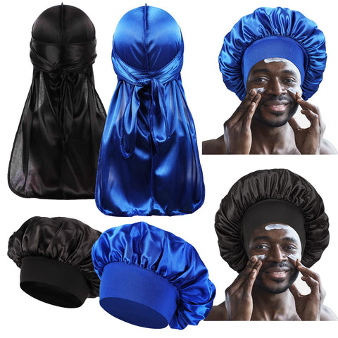 4 PCS Silk Bonnet for Men Curly Hair,Large Braids Bonnet Men Wide Band Hair Bonnets,Matching Durags and Bonnets Pack for Men,Set E-Black,Blue