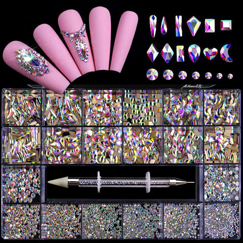 Nail Rhinestones Kit, Nail Art Decorations 12 Styles of 600 Iridescent Crystal + 2500 Flat AB Rhinestones Kit DIY Crafts Gemstones for Nail, Shoes, Clothes, Jewels