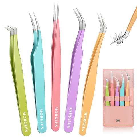 MORGLES 5pcs Eyelash Extension Tweezers High Precision, Straight and Curved Volume Lash Tweezers for Extensions, Crafting, Girls Women Beginners