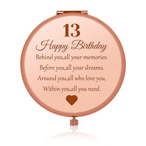 Jielahua Sweet 13th Birthday Gift for Girls, Happy 13 Year Old Gifts for Daughter Granddaughter Sister Niece Friends, Rose Gold Compact Mirror for 13th Birthday Girls, 13 Years Old Girl Birthday Gift