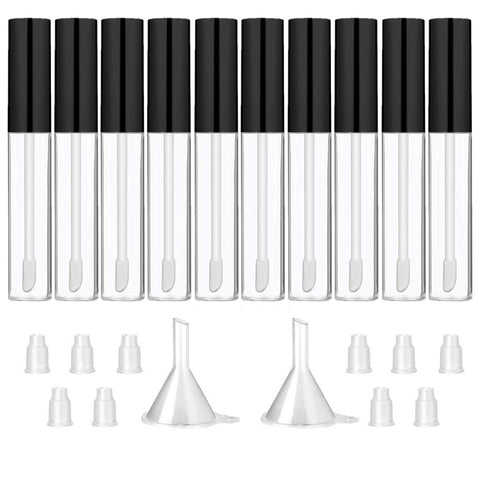 GTHER Black 10pcs 10ml Empty Lip Gloss Containers with Black Lid, Brush Tip Applicator Wand, Funnel & Rubber Stoppers for DIY Lip Refillable Makeup
