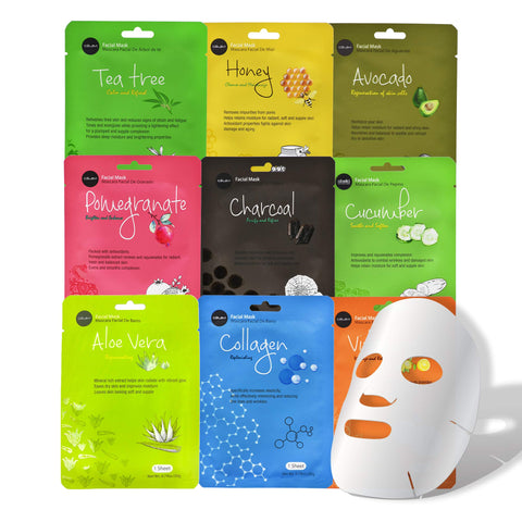 Celavi Essence Facial Mask Paper Sheet Korea Skin Care Moisturizing 9 Pack (Mix of 9)