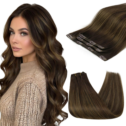 Sunny 22inch 70Gram Brazilian Remy Hair 3/4 Full Head One Piece Clip in Hair Extensions Balayage #2 Darkest Brown Fading to #6 Medium Brown Clip in Extensions Human Hair
