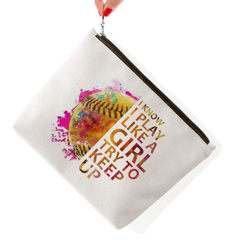 BiuNiuring Softball Gifts for Women, Baseball Gifts for Women, Softball And Baseball Lover Cosmetic Bag Gift, Softball Makeup Bag, Beige, Travel Wallet