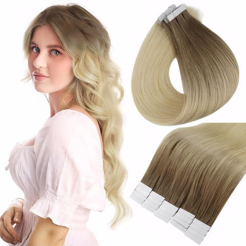 16 , #3#613#4#613 : Full Shine 16" 20 Pcs 50 Gram Per Package Color#4 and #3 Fading to Blonde Straight Multi Color Ombre Hair Extensions Balayage Ombre Extensions Tape Hair Extensions Remy Human Hair