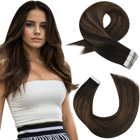 Moresoo 24" Skin Weft Human Hair Extensions Tape in Hair Color Darkest Brown #2 Fading to #8 lighted with #8 Brown Hair Extensions Tape in Real Human Hair 20pcs/50G